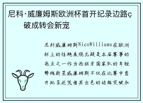 尼科·威廉姆斯欧洲杯首开纪录边路爆破成转会新宠 尼科·威廉姆斯欧洲杯首开纪录边路爆破成转会新宠