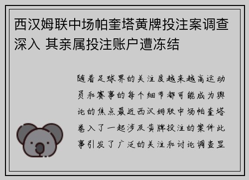 西汉姆联中场帕奎塔黄牌投注案调查深入 其亲属投注账户遭冻结 西汉姆联中场帕奎塔黄牌投注案调查深入 其亲属投注账户遭冻结